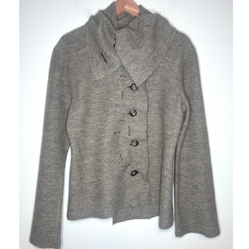 Casch Gro Abrahamsson Gray 100% Wool Cowl Neck Cardigan Shawl Collar Lagenlook